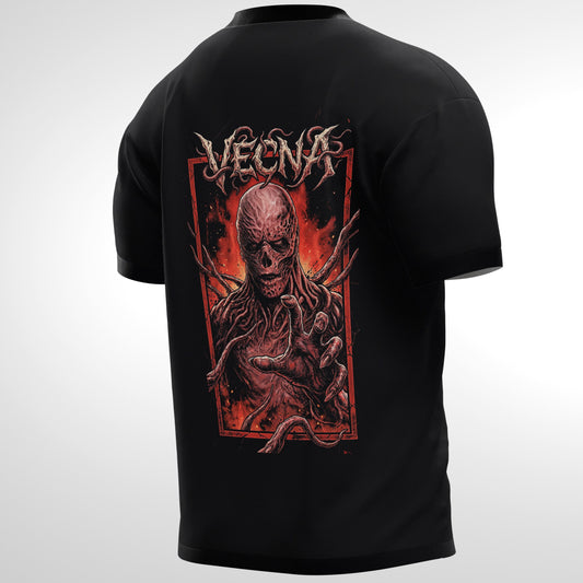 Black t-shirt with a graphic design featuring a creature and the word 'Vecna' on a white background