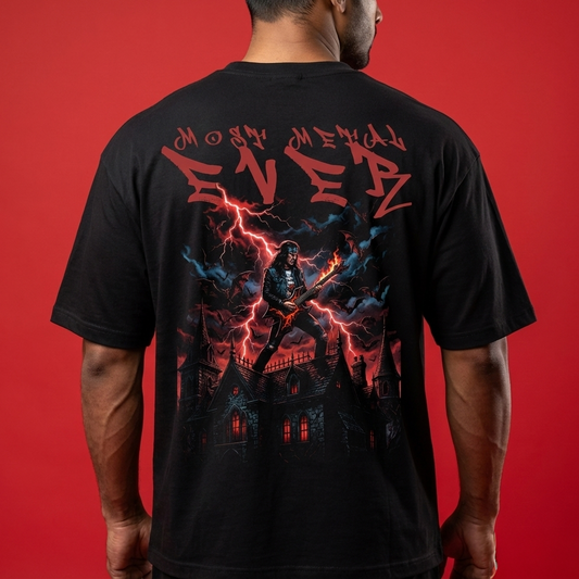 Black t-shirt with a graphic design on the back against a red background