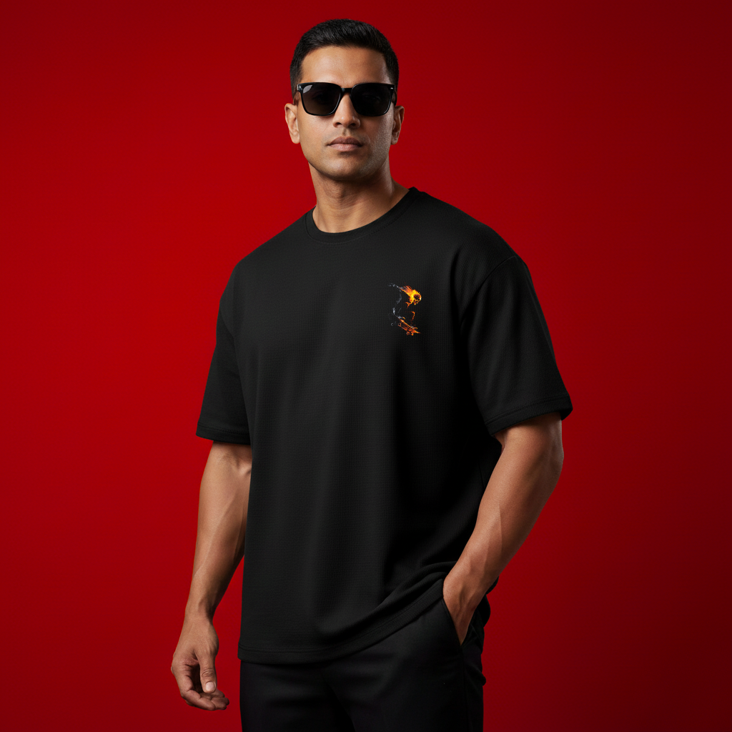 Man wearing a black t-shirt with a logo on a red background