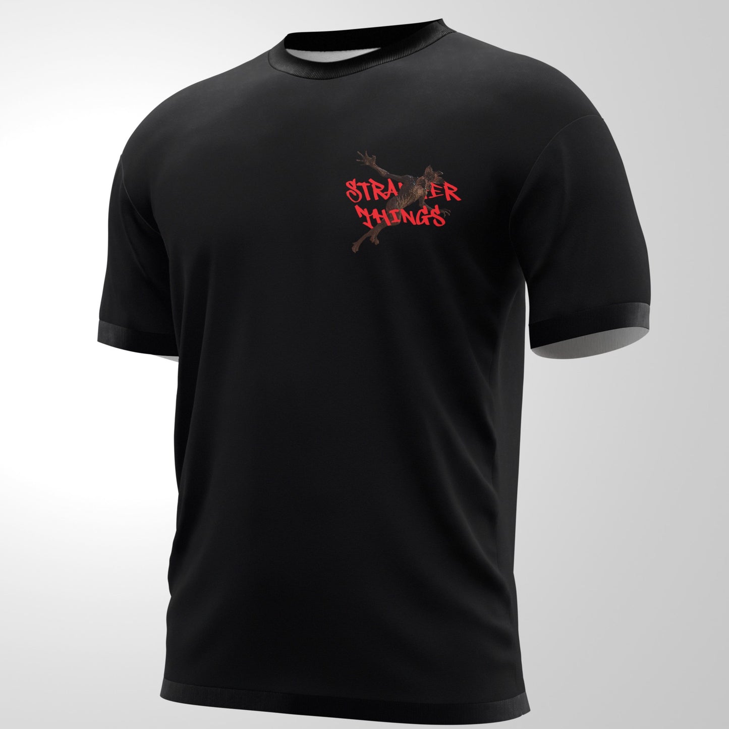 Black t-shirt with 'Stranger Things' logo on a gray background, Stranger things tshirt, Will tshirt, Upside down tshirt, Will beats demogorgons