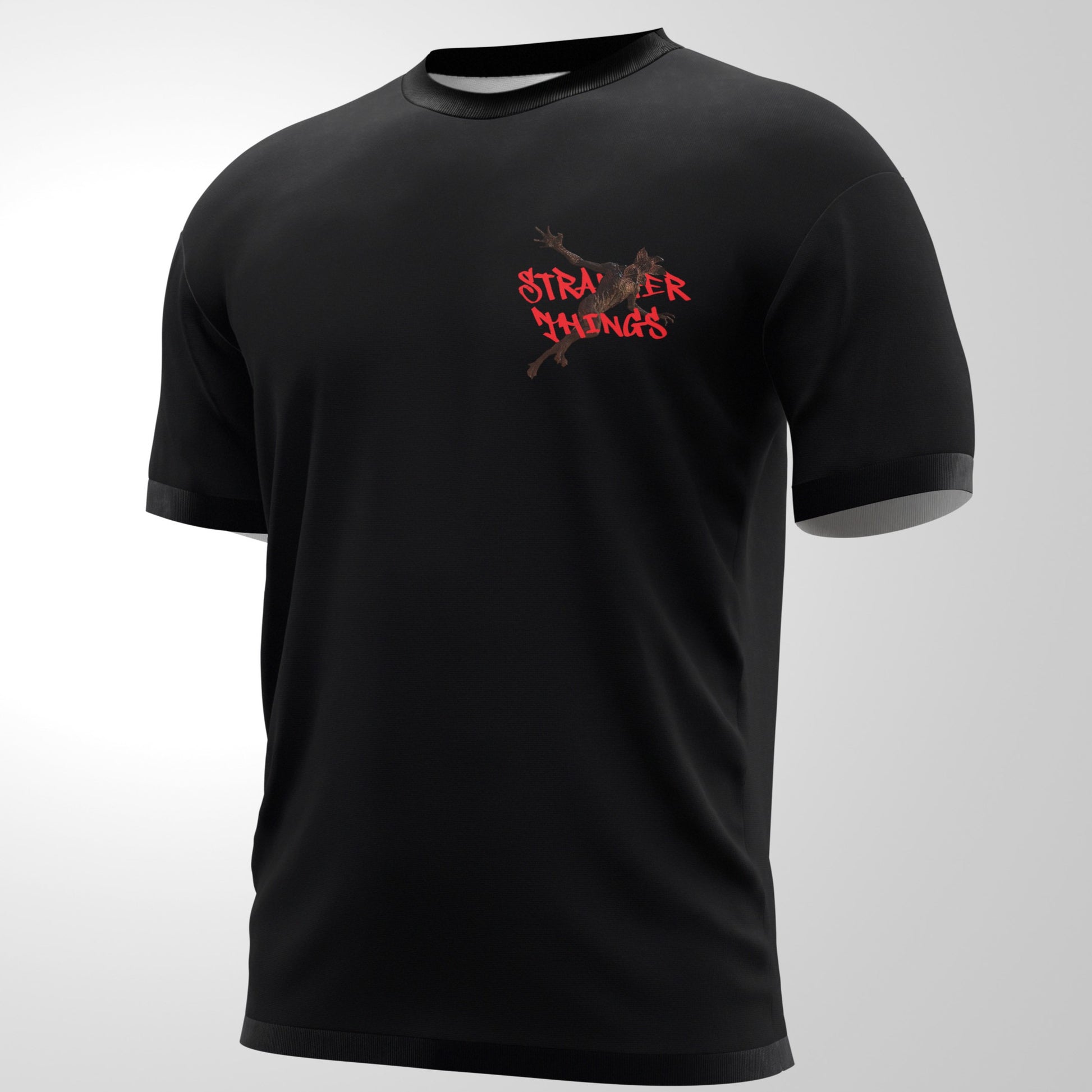 Black t-shirt with 'Stranger Things' logo on a gray background, Stranger things tshirt, Will tshirt, Upside down tshirt, Will beats demogorgons